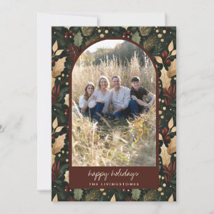 Modern Dark Green & Red Holly Arch Photo Holiday Card