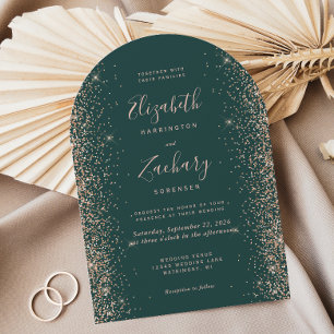 Modern Dark Green Rose Gold Glitter Arch Wedding Invitation