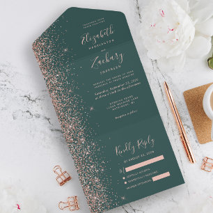 Modern Dark Green Rose Gold Glitter Wedding All In One Invitation