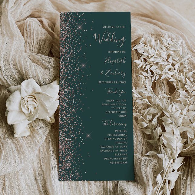 Modern Dark Green Rose Gold Glitter Wedding Program (Creator Uploaded)