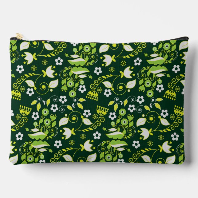 Modern Dark Green Scandinavian Floral Pattern Accessory Pouch (Front)