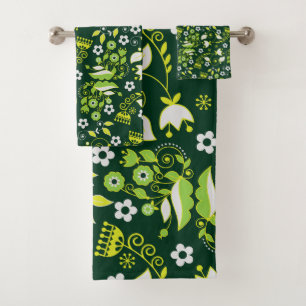 Modern Dark Green Scandinavian Floral Pattern Bath Towel Set