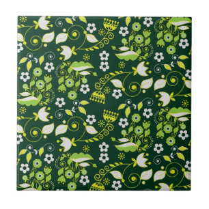 Modern Dark Green Scandinavian Floral Pattern Ceramic Tile