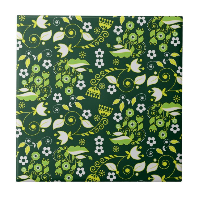 Modern Dark Green Scandinavian Floral Pattern Ceramic Tile (Front)
