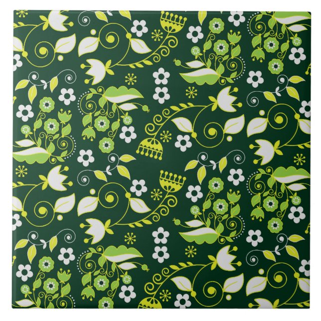 Modern Dark Green Scandinavian Floral Pattern Ceramic Tile (Front)