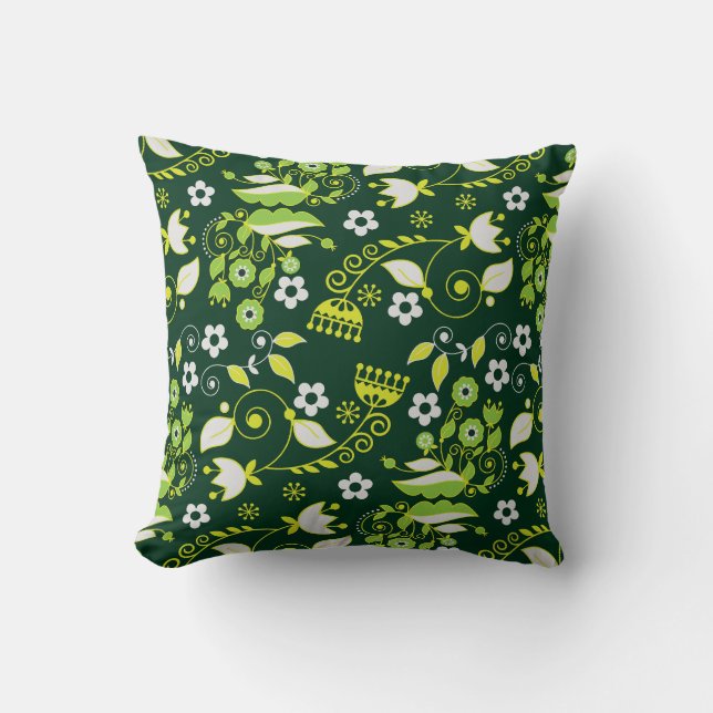 Modern Dark Green Scandinavian Floral Pattern Cushion (Front)