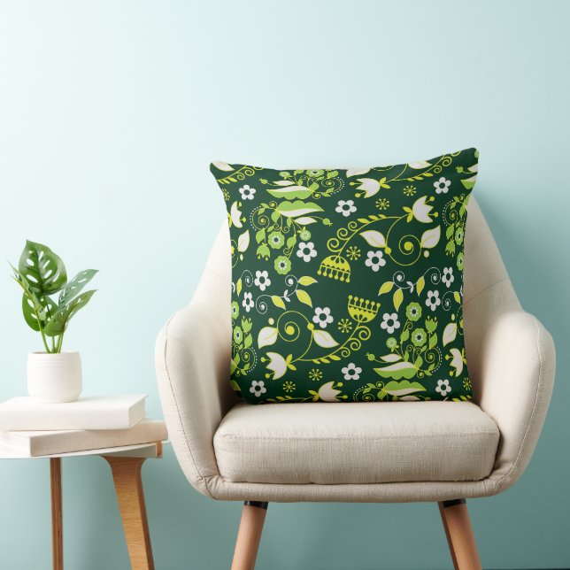 Modern Dark Green Scandinavian Floral Pattern Cushion (Chair)