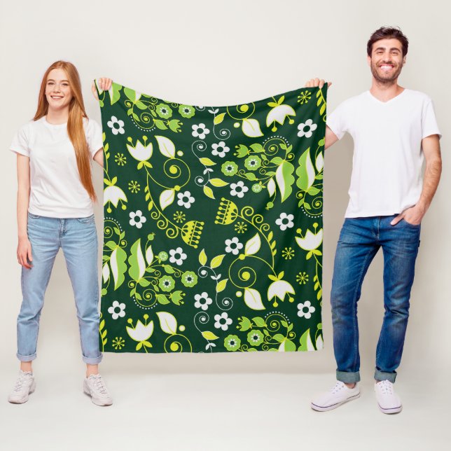 Modern Dark Green Scandinavian Floral Pattern Fleece Blanket (In Situ)
