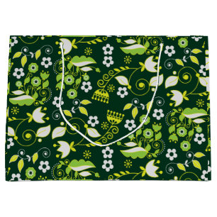 Modern Dark Green Scandinavian Floral Pattern Large Gift Bag
