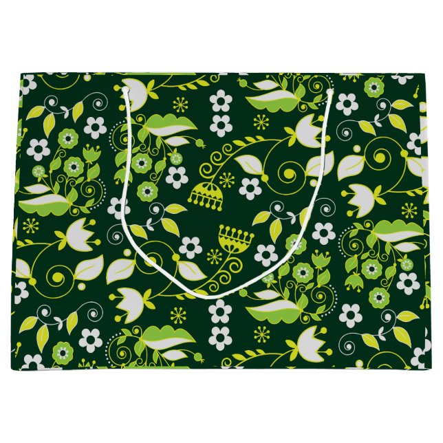 Modern Dark Green Scandinavian Floral Pattern Large Gift Bag (Front)