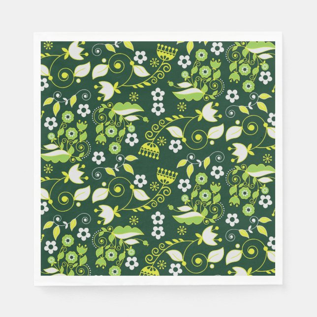 Modern Dark Green Scandinavian Floral Pattern Napkin (Front)
