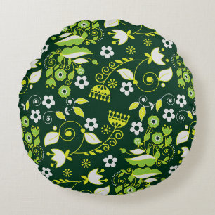 Modern Dark Green Scandinavian Floral Pattern Round Cushion
