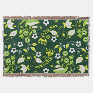 Modern Dark Green Scandinavian Floral Pattern Throw Blanket