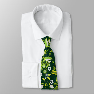 Modern Dark Green Scandinavian Floral Pattern Tie