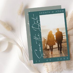 Modern Dark Green Script Photo Wedding Save The Date