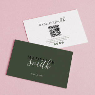 Modern Dark Green Script QR code Business Card