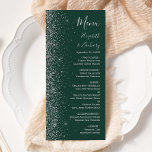 Modern Dark Green Silver Glitter Edge Wedding Menu<br><div class="desc">The left-hand edge of this elegant modern wedding menu features a silver faux glitter design. The customisable text combines silver grey handwriting,  copperplate and italic fonts on a dark emerald green background. The reverse side features a matching green and silver glitter design.</div>