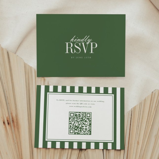 Modern Dark Green Striped QR Code Wedding RSVP Card (Creator Uploaded)
