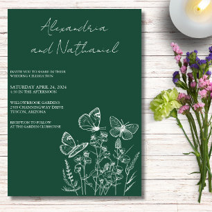 Modern Dark Green & White Butterfly Wedding Invitation