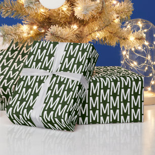 Modern dark green white custom monogram initial wrapping paper