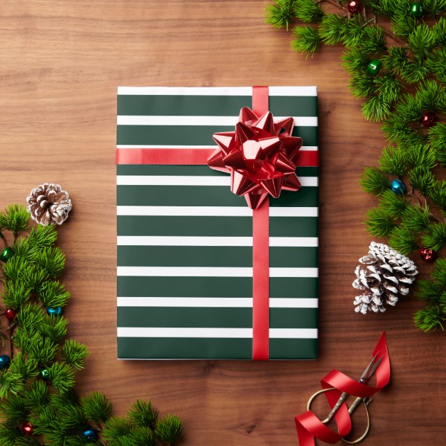 Modern dark green white stripes elegant pattern  wrapping paper (Holiday Gift)