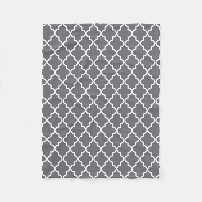 Modern Dark Grey and White Moroccan Quatrefoil Fleece Blanket (Front)