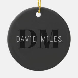 Modern Dark Grey & Black Editable Name & Monogram Ceramic Ornament