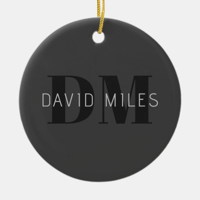 Modern Dark Grey & Black Editable Name & Monogram Ceramic Ornament (Front)