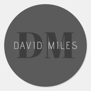 Modern Dark Grey & Black Editable Name & Monogram Classic Round Sticker