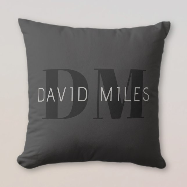Modern Dark Grey & Black Editable Name & Monogram Cushion (Creator Uploaded)