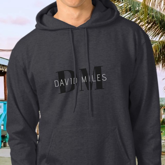 Modern Dark Grey & Black Editable Name & Monogram Hoodie (Creator Uploaded)