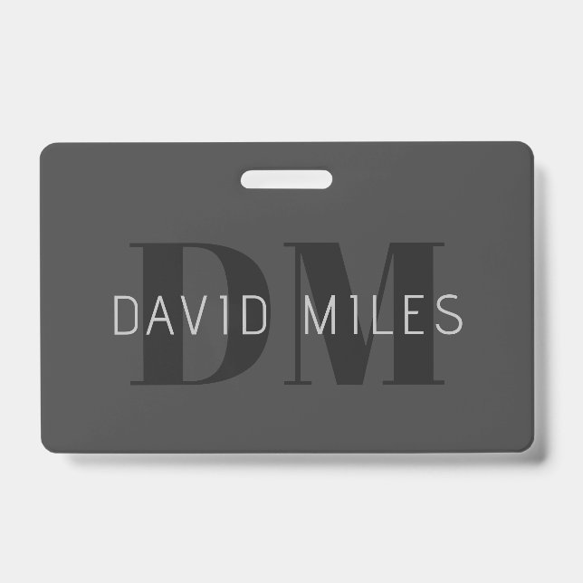 Modern Dark Grey & Black Editable Name & Monogram ID Badge (Front)