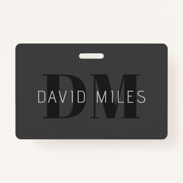 Modern Dark Grey & Black Editable Name & Monogram ID Badge (Front)