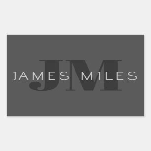 Modern Dark Grey & Black Editable Name & Monogram Rectangular Sticker