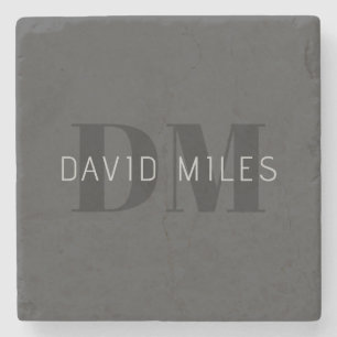 Modern Dark Grey & Black Editable Name & Monogram Stone Coaster