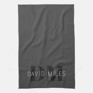 Modern Dark Grey & Black Editable Name & Monogram Tea Towel