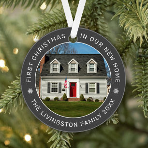 Modern Dark Grey Circle First Christmas Home Ornament