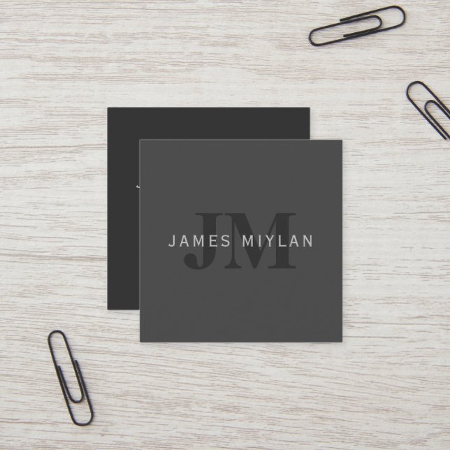 Modern Dark Grey Editable Monogram Design Template Square Business Card (Front/Back In Situ)