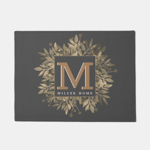 Modern Dark Grey Gold Leaves Wreath Monogram Doormat