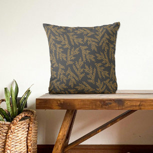 Modern Dark Grey Golden Floral Leaves Pattern Cushion