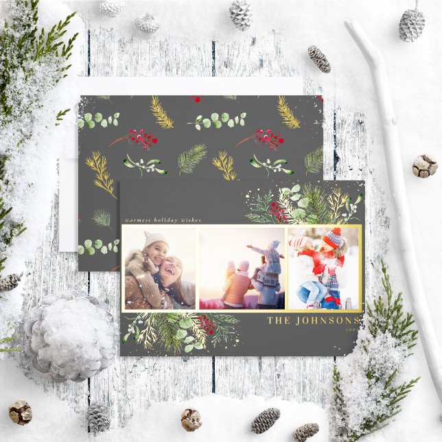 Modern Dark Grey Merry Christmas Botanical Photo  Foil Holiday Card (Creator Uploaded)