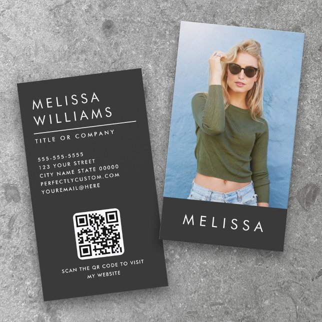 Modern dark grey minimalist custom photo QR code Business Card (Creator Uploaded)