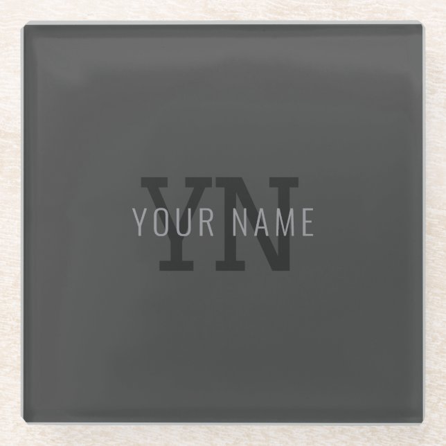 Modern Dark Grey Monogrammed Name (or other text) Glass Coaster (Front)