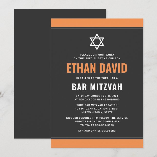 Modern dark grey orange borders bar mitzvah invitation (Front/Back)