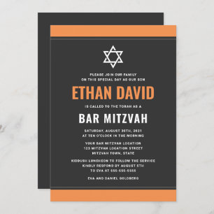 Modern dark grey orange borders bar mitzvah invitation