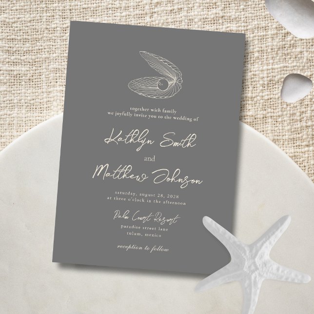 Modern Dark Grey Shell Beach Destination Wedding Invitation (Creator Uploaded)