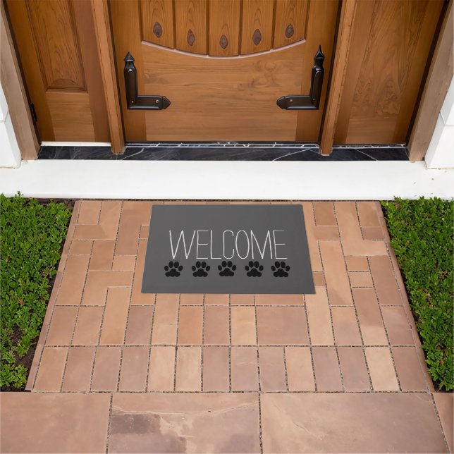 Modern dark grey Welcome family dog paws Doormat (Outdoor)