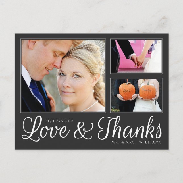 Modern Dark Love Thanks Wedding 3 Photo Postcard (Front)