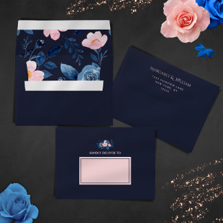 Modern Dark Midnight Blue & Pink Floral Wedding Envelope