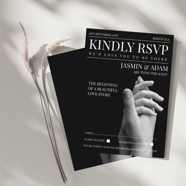 Modern Dark Mode Magazine Wedding RSVP Enclosure Card (Magazine Dark Mode Newspaper Photo Wedding RSVP Enclosure Card)